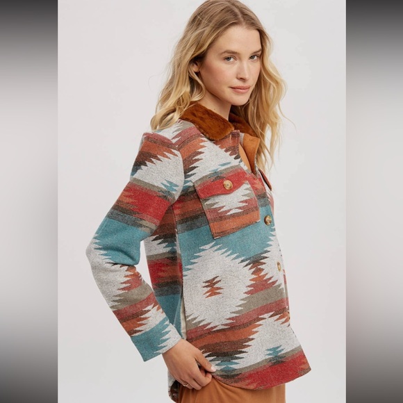 470. Aztec Shacket Faux Fur Collar Teal/Red Button Down NEW Item NWT - Picture 7 of 8